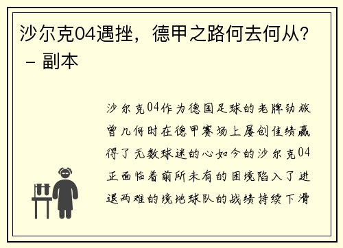 沙尔克04遇挫，德甲之路何去何从？ - 副本